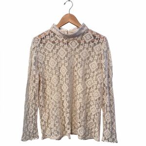 NWOT Cream Floral Lace Trim Mock Neck Long Sleeve Sheer Boho Top Blouse | 2XL